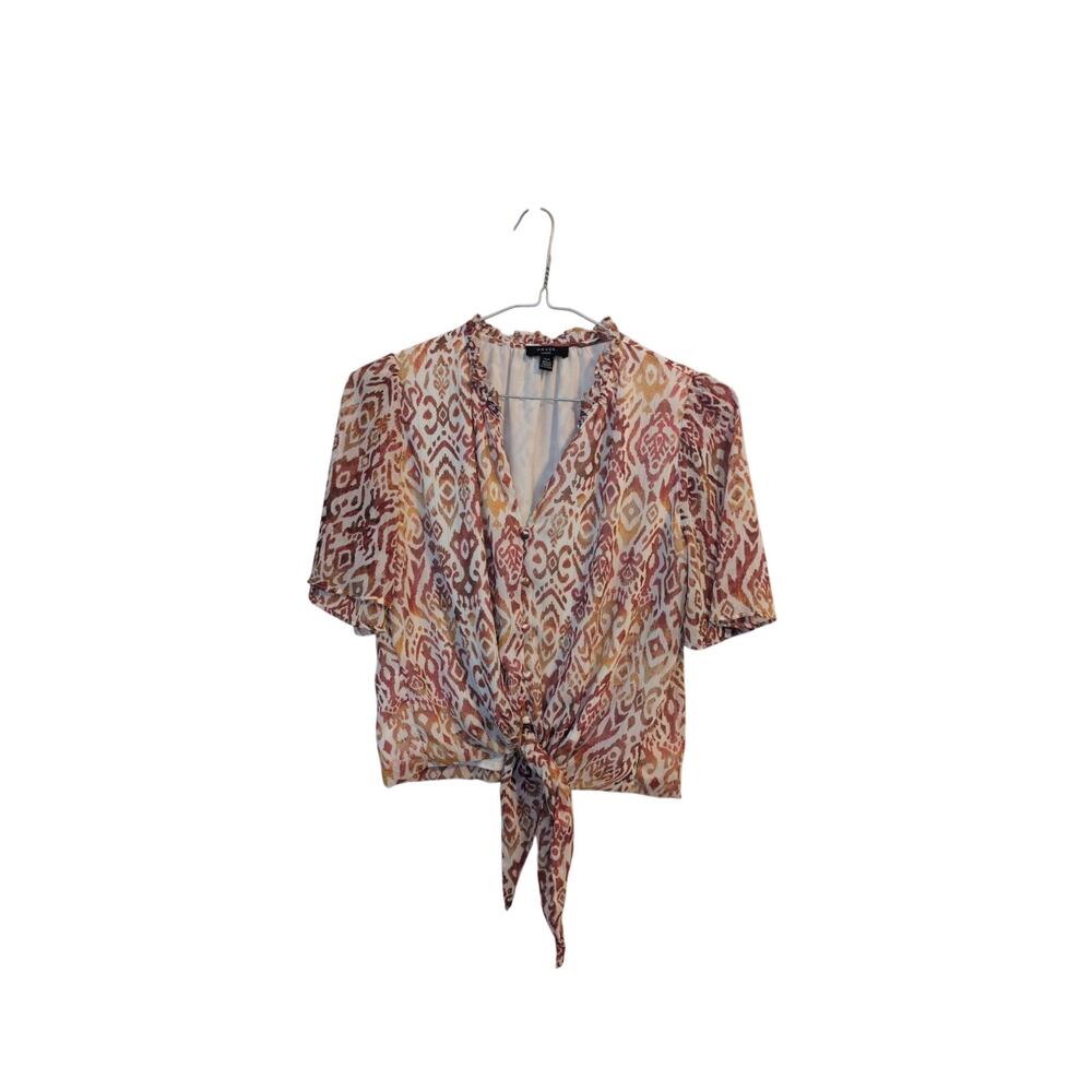 Haver London Patterned Tie Front Blouse Short Sleeve Effortless Chic Size Medium - Picture 2 of 5